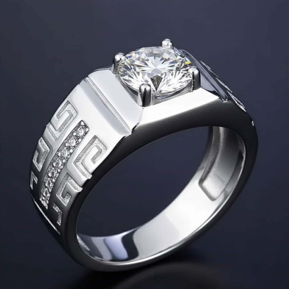 Silver ring with a diamond on a dark background