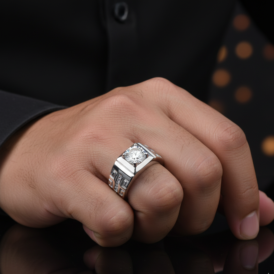 Hand wearing a silver ring with a diamond on a dark background